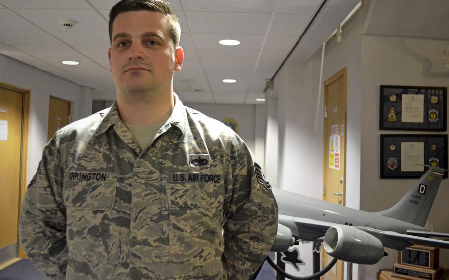 Tech. Sgt. Joshua Arrington, quality assurance inspector with the 100th Maintenance Group at RAF Mildenhall, England, Wednesday, April 25, 2018. Arrington helped his base earn first place in the 2017 U.S. Air Forces in Europe?Air Forces Africa?s Innovation Madness contest by with a new nose-to-tail approach on KC-135 inspections estimated to save 181,000 man-hours Air Force-wide.