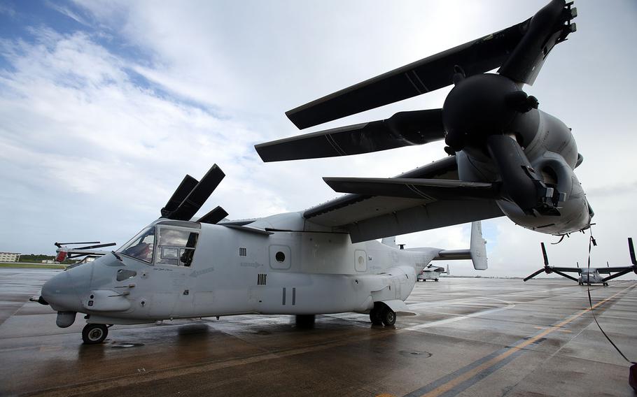 An MV-22 Osprey sits on the flight line at Marine Corps Air Station Futenma, Sept. 28, 2016.