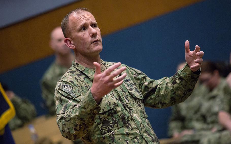 Master Chief Petty Officer of the Navy Steven Giordano speaks to sailors at Chinhae Naval Base, South Korea, Friday, April 27, 2018.