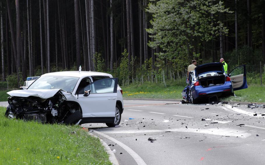 Two U.S. Army soldiers and two Germans were seriously injured in a car crash near Grafenwoehr, Germany, on Saturday, April 28, 2018.