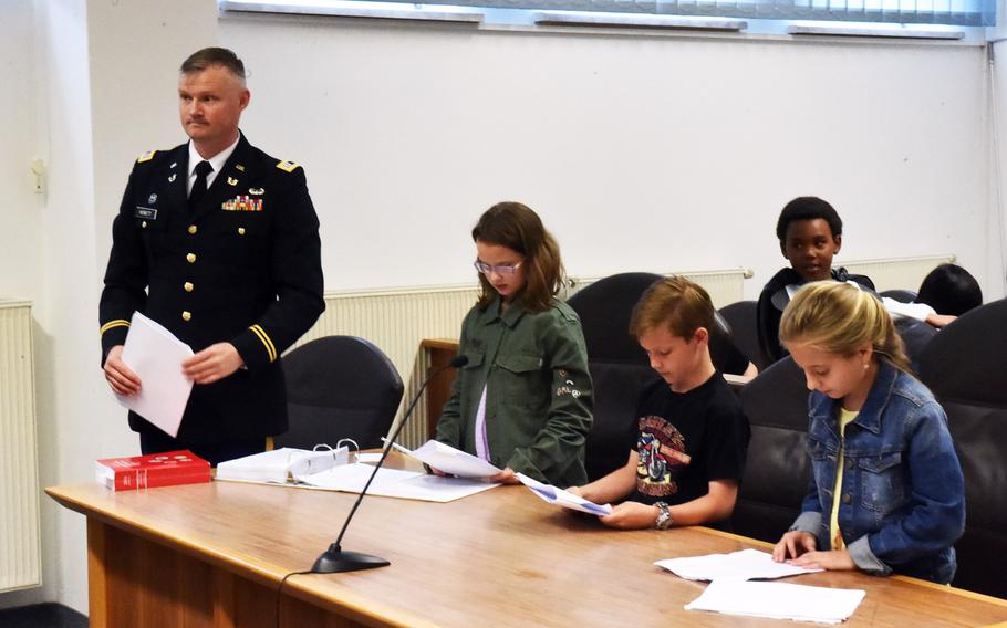 The defense team representing Luke Skywalker in a mock trial in Vilseck, Germany, Tuesday, May 1, 2018. Capt. Benjamin Hewett, left, helped fourth-graders Mackenzie Peikert and Ava Langbein defend Ethan Bettis, who portrayed Skywalker.