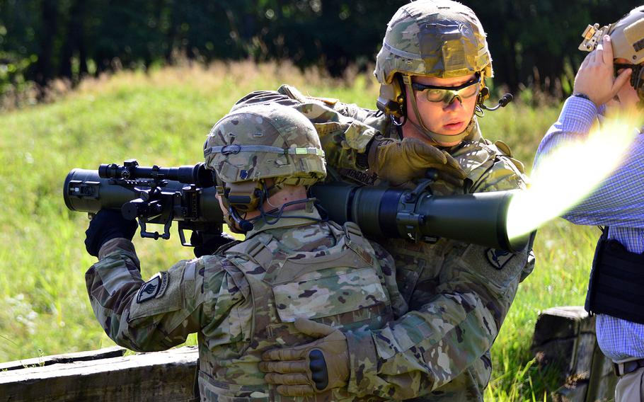 Paratroopers assigned to 173rd Airborne Brigade fire an M3 Carl Gustaf rocket launcher at the 7th Army Training Command's Grafenwoehr Training Area, Germany, Aug. 18, 2016.
