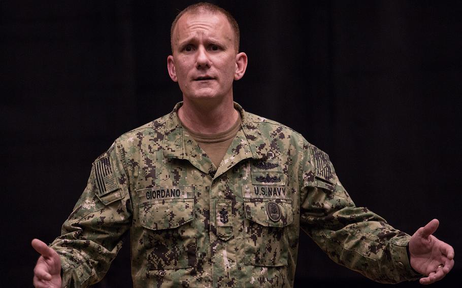 Master Chief Petty Officer of the Navy Steven Giordano speakes to sailors at Chinhae Naval Base, South Korea, Friday, April 27, 2018.