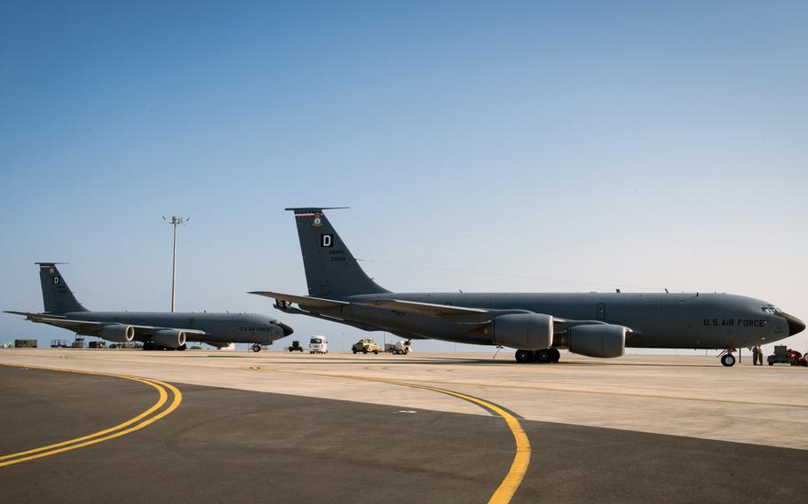 Two KC-135 Stratotankers sit on the runway at Camp Lemonnier, Djibouti, before a mission, Dec. 6, 2016. U.S. military aircraft flying over Djibouti are being targeted by high-powered lasers launched from an area near China's military base in the east African country, according to the Federal Aviation Agency.