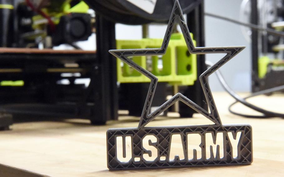 A 3D-printed Army logo, made by soldiers training on the Rapid Fabrication via Additive Manufacturing 3D printing unit at the Combined Resolve exercise, Hohenfels, Germany, Tuesday, May 8, 2018.