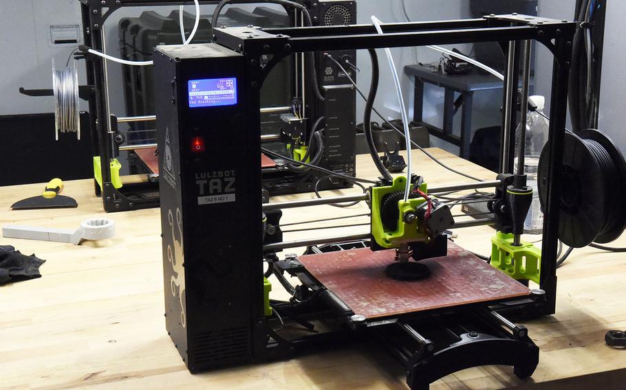 Shown here is one of the 3D printers inside the the Rapid Fabrication via Additive Manufacturing 3D-printing unit at the Combined Resolve exercise, Hohenfels, Germany, Tuesday, May 8, 2018.