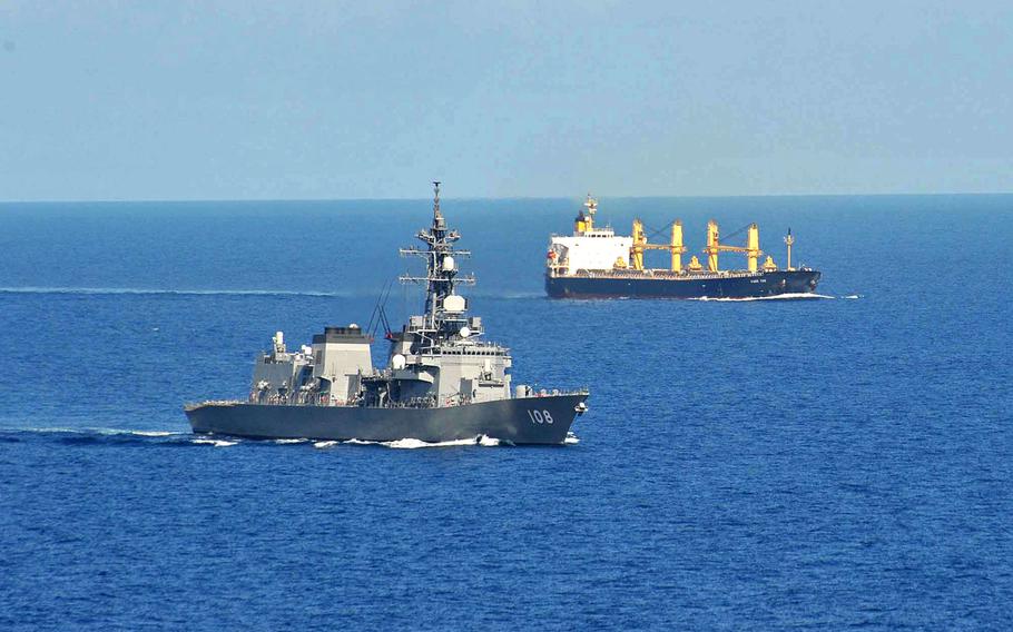 The Japanese destroyer JMSDF Akebono operates in the Gulf of Aden during the Three Arrows exercise, which began May 1, 2018.