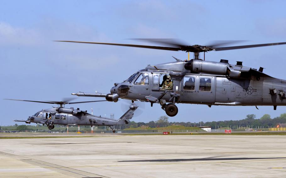 Two HH-60G Pave Hawk helicopters from the 56th Rescue Squadron lifts off from RAF Lakenheath, England, for a flight to Aviano Air Base, Italy, Tuesday, May 15, 2018. The 56th and 57th Rescue Squadrons have relocated 350 airmen, 200 military families and five helicopters to their new duty station in Italy.