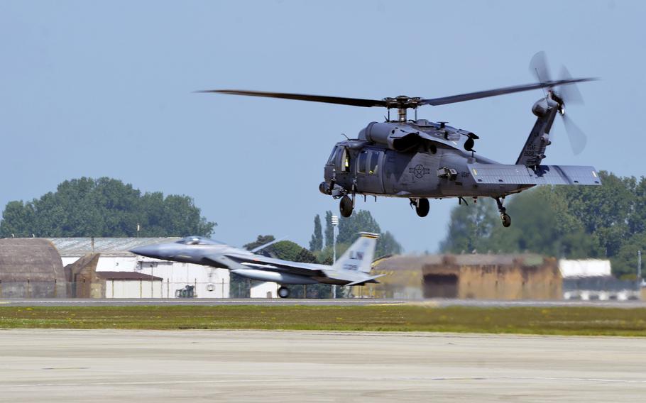 An HH-60G Pave Hawk helicopter from the 56th Rescue Squadron lifts off from RAF Lakenheath, England, for a flight to Aviano Air Base, Italy, Tuesday, May 15, 2018. The 56th and 57th Rescue Squadrons have relocated 350 airmen, 200 military families and five helicopters to their new duty station in Italy.
