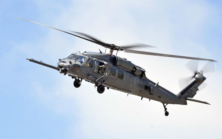 An HH-60G Pave Hawk helicopter from the 56th Rescue Squadron leaves RAF Lakenheath, England, for Aviano Air Base, Italy, Tuesday, May 15, 2018. The 56th and 57th Rescue Squadrons have relocated 350 airmen, 200 military families and five helicopters to their new duty station in Italy.