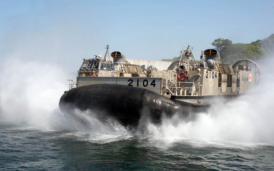 A Japan Self-Defense Force hovercraft departs a U.S. naval facility near Sasebo Naval Base, Japan, May 10, 2018.