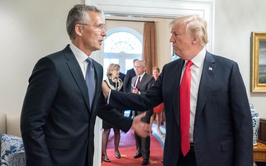 NATO Secretary-General Jens Stoltenberg and President Donald Trump at the White House, Thursday, May 17, 2018. In the background are Kay Bailey Hutchison, the U.S. Permanent Representative to NATO and Defense Secretary Jim Mattis.