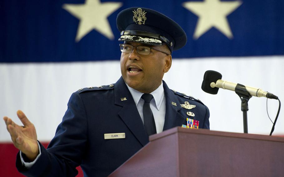 Lt. Gen. Richard Clark, 3rd Air Force commander, speaks during his change-of-command ceremony at Ramstein Air Base, Germany, in October 2016. Clark is leaving Ramstein after being nominated for assignment as deputy chief of staff, strategic deterrence and nuclear integration