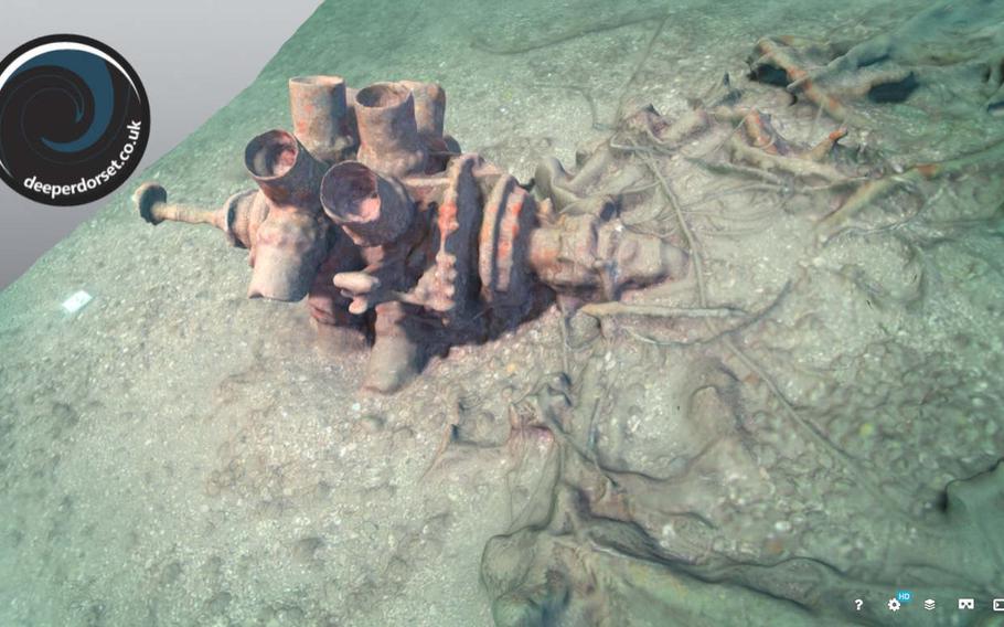 A three-dimensional model of Pratt & Whitney R-2800 engine from a Republic P-47D Thunderbolt crash site in Weymouth Bay, England, Thursday, May 24, 2018. The P-47 crashed on May 7, 1944, the pilot bailed out and was rescued.
