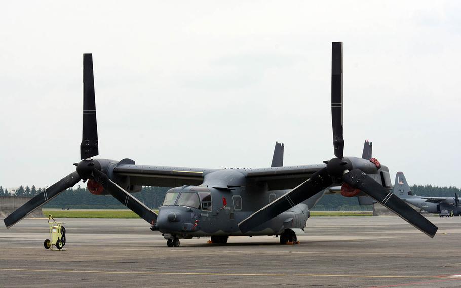 An Air Force CV-22 Osprey aircraft parks at Yokota Air Base, Japan, Wednesday, May 30, 2018.