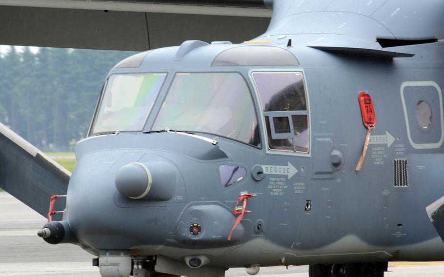 An Air Force CV-22 Osprey sits at Yokota Air Base, Japan, Wednesday, May 30, 2018.