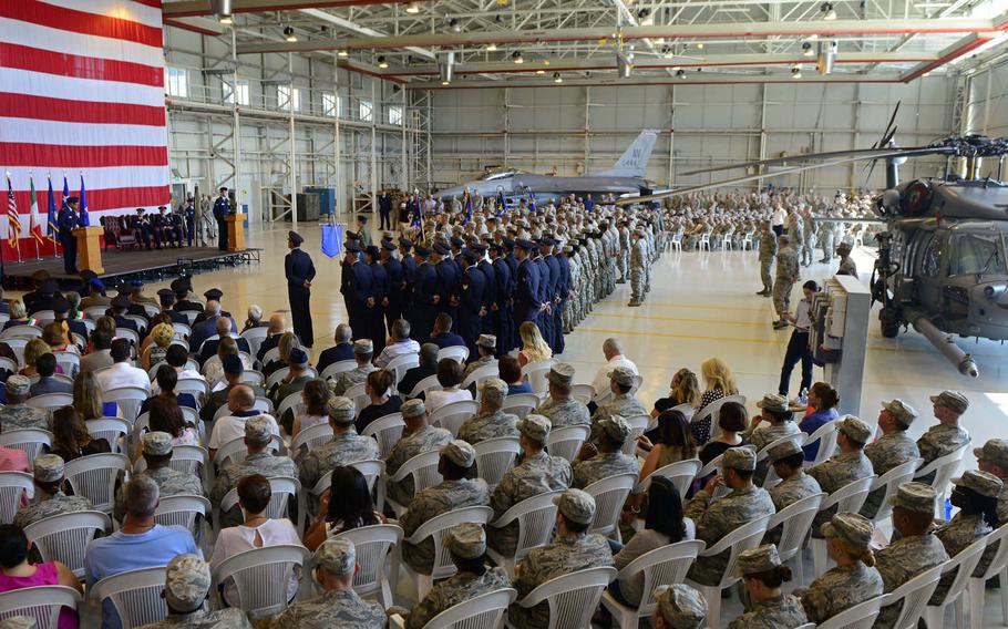 Lt. Gen. Richard Clark, 3rd Air Force commander, speaks during a change-of-command ceremony at Aviano Air Base, Italy, Thursday, June 21, 2018. Brig. Gen. Daniel Lasica took command of the only permanently assigned U.S. Air Force fighter aircraft wing in NATO's southern region.