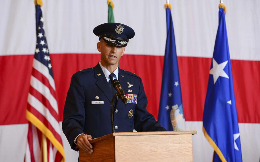Brig. Gen. Daniel Lasica, 31st Fighter Wing commander, speaks during a change-of-command ceremony at Aviano Air Base, Italy, Thursday, June 21, 2018. Lasica takes over the only permanently assigned U.S. Air Force fighter aircraft wing in NATO's southern region. 
                