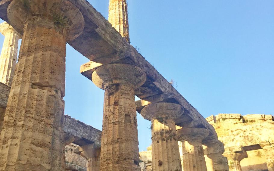 Inside Hera's second temple you can see the fine work on the pillars. This is one of three ancient Greek temples that can be found at the Paestum ruins in Salerno, Italy.