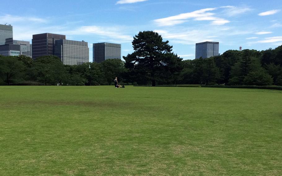 Visitors to The East Gardens inside the Imperial Palace grounds in Tokyo, Japan, enjoy the vast green grounds in a sea of skyscrapers.