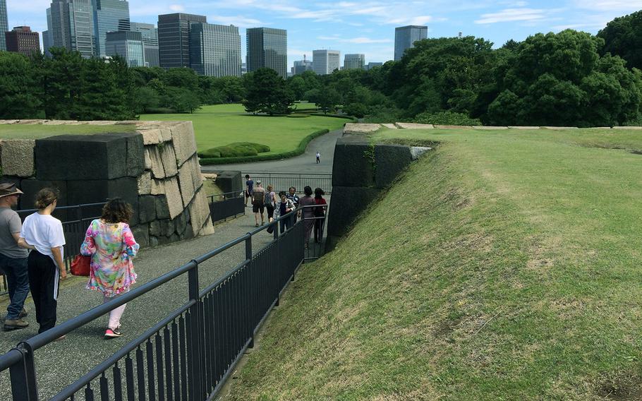 The East Gardens have many open areas where the Edo Castle once stood. Here, the view of the grounds from the stone base, which is the only remaining structure from the Tenshukaku Donjon, a five-story building that once formed part of the castle complex.