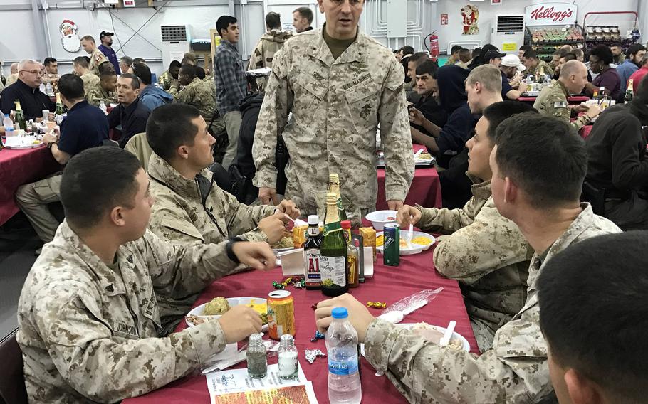 Brig. Gen. Rick A. Uribe, then-deputy commanding general for operations for Combined Joint Task Force-Operation Inherent Resolve, speaks to Marines enjoying a holiday meal at the combined joint operations center in Irbil, Iraq on Dec. 25, 2016. Uribe violated ethics rules while serving in Iraq, a Pentagon watchdog has found.