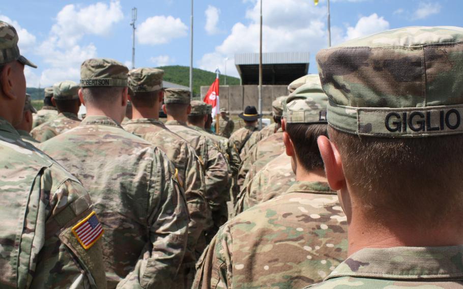Bandit Troop, 2nd Platoon leader 2nd Lt. John Giglio stands in formation with his soldiers at Camp Nothing Hill, Kosovo, on May 20, 2018, during a change of command ceremony. Soldiers from 2nd Platoon reported smugglers during a screen observation post operation.