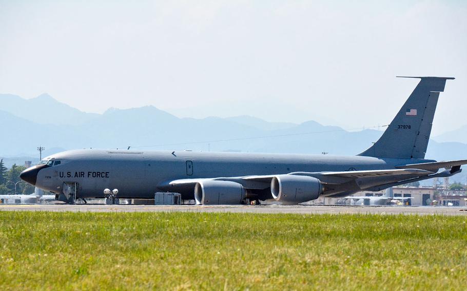 A KC-135 Stratotanker sits on a ramp at Yokota Air Base, Japan on May 23, 2017.