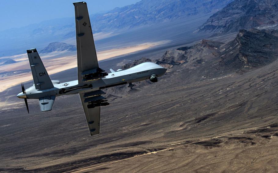 An MQ-9 Reaper remotely piloted aircraft performs aerial maneuvers over Creech Air Force Base, Nev., June 25, 2015. The Reaper is employed primarily as an intelligence-collection asset and secondarily against dynamic execution targets. A hacker recently posted documents related to the drones for sale on the dark web.