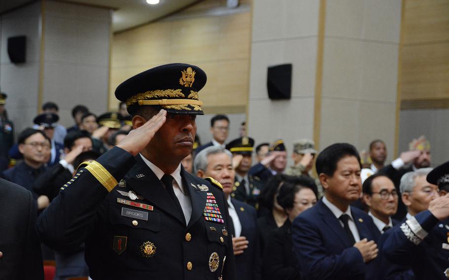 Gen. Vincent Brooks, commander of the United Nations Command, U.S. Forces Korea and the Combined Forces Command, salutes during a July 13, 2018, repatriation ceremony at the National Cemetery in Seoul, South Korea, in which the remains of a U.N. soldier and a South Korean soldier killed in the Korean War were returned.