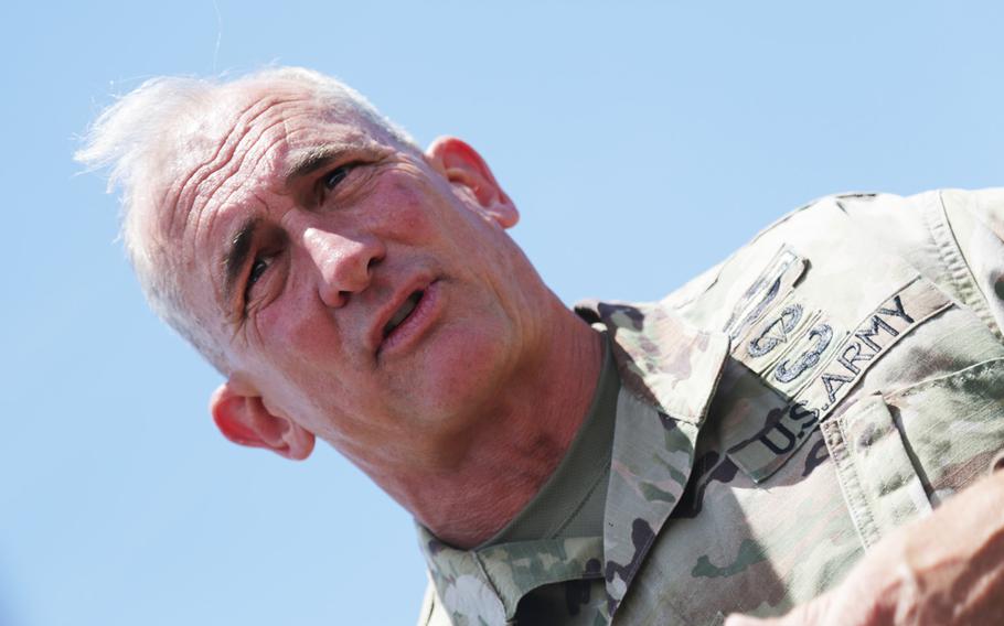 Gen. Robert Brown, commander of U.S. Army Pacific, speaks to reporters at Barking Sands Pacific Missile Range, Hawaii, on Thursday, July 12, 2018.