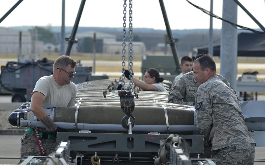 Airmen train on the mass-producing conventional munitions during an exercise hosted by the 48th Fighter Wing at RAF Lakenheath, England, Tuesday, July 17, 2018. More than 160 airmen from seven different Air Force units worked together sharing and refining best practices.