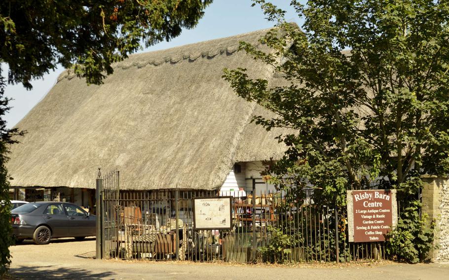 Entrance to the Risby Barn Antique Shopping Center in the village of Risby, England. The center features two antique shops, a garden center, coffee shop and sewing center called the Cosy Cabin.