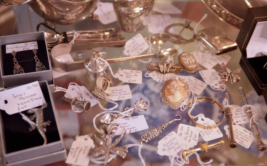 A collection of jewelry for sale at the Risby Barn Antique Centre in the village of Risby, England. 
