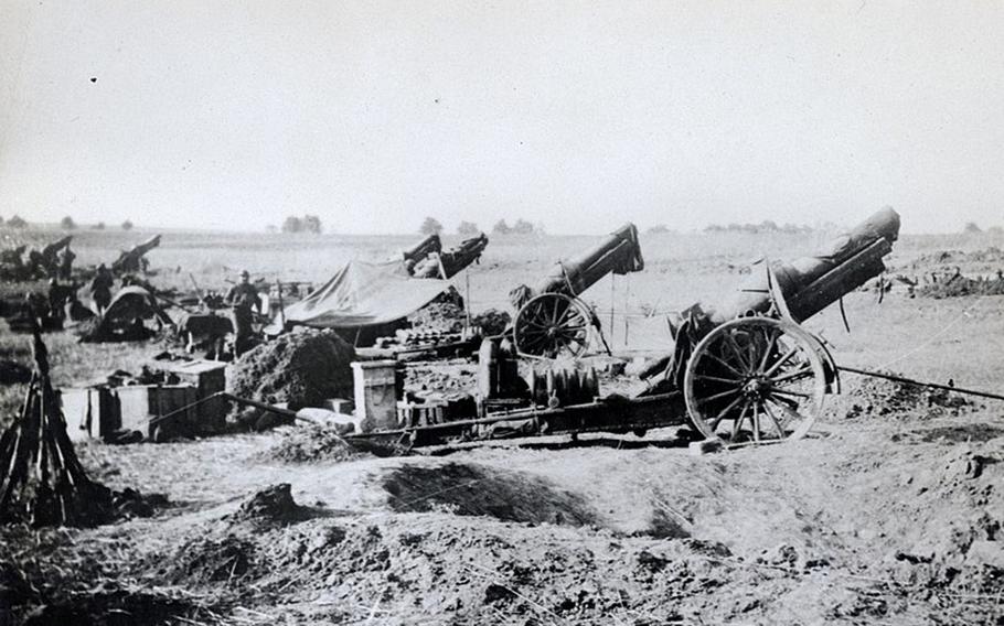 American heavy artillery at Soissons, France, 1918. The Battle of Soissons, the centerpiece of the Aisne-Marne offensives of July 1918, might be considered a decisive moment in the last phase of World War I.
