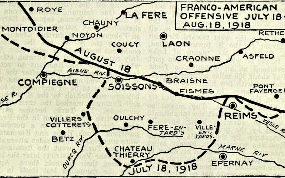 This map shows the battle lines during the Franco-American offensive in France from July 18 to Aug. 18, 1918, during World War I.