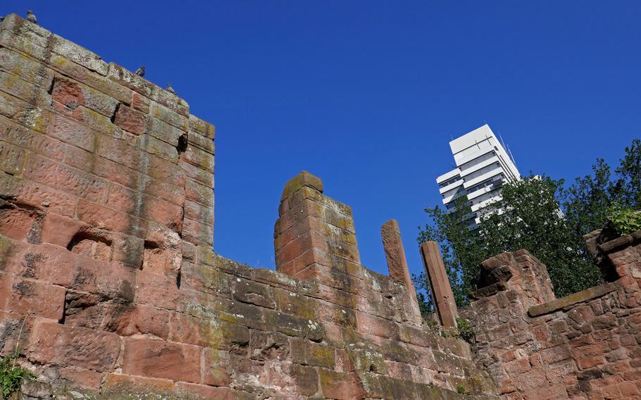 Kaiserslautern, Germany' modern high-rise city hall towers over the ruins of the Kaiserpfalz (Imperial Palace) and subsequent royal buildings built here.