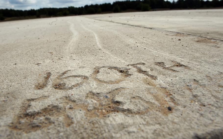 A mark left behind from the 160th Engineer Company with the Delaware National Guard after a helicopter forward arming and refueling point was set up for the Resolute Castle exercise at the Drawsko Pomorskie Training Area in Poland, Tuesday, July 24, 2018.