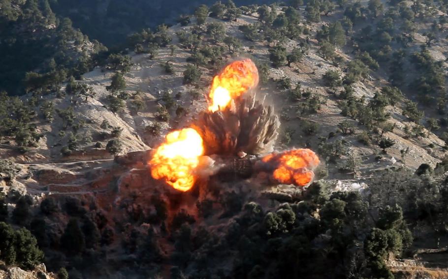 Coalition airstrikes hit ISIS fighters in Afghanistan's Nangarhar and Jawzjan provinces on Feb. 6, 2018. More than 150 ISIS fighters surrendered to the Afghan government on Tuesday, July 31, 2018, after their Taliban enemies recently launched an offensive against them.