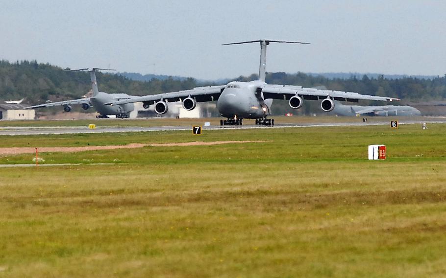 A C-5 Galaxy rolls toward the runway at Ramstein Air Base, Germany. U.S. military bases in Europe rely heavily on Russian energy supplies to operate. Lawmakers are now putting more pressure on the Pentagon to find alternatives amid concerns that Russia could cut access in a crisis.