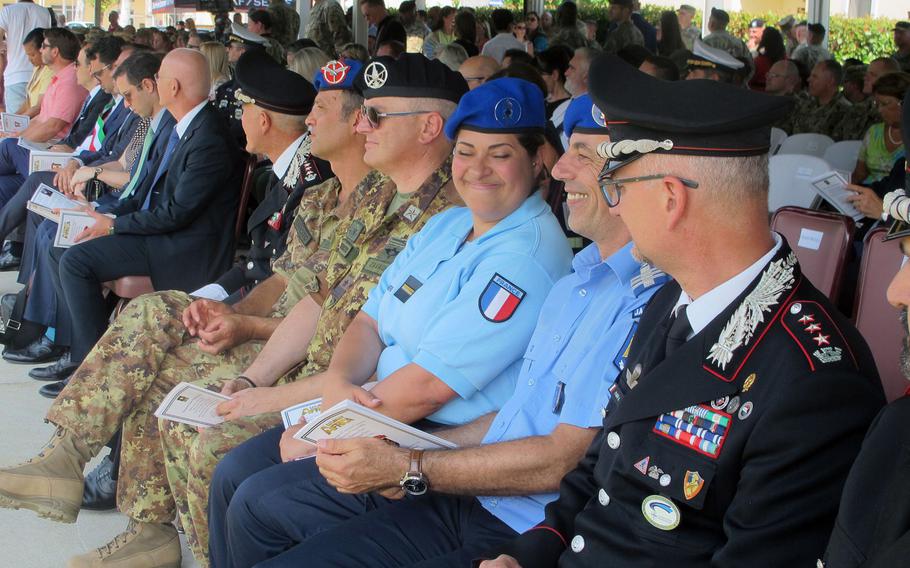 Officials, dignitaries and military officers from NATO and partner nations attend U.S. Army Africa's change-of-command ceremony Thursday, Aug. 3, 2018. The ceremony was narrated in English and Italian, except for the generals' speeches.