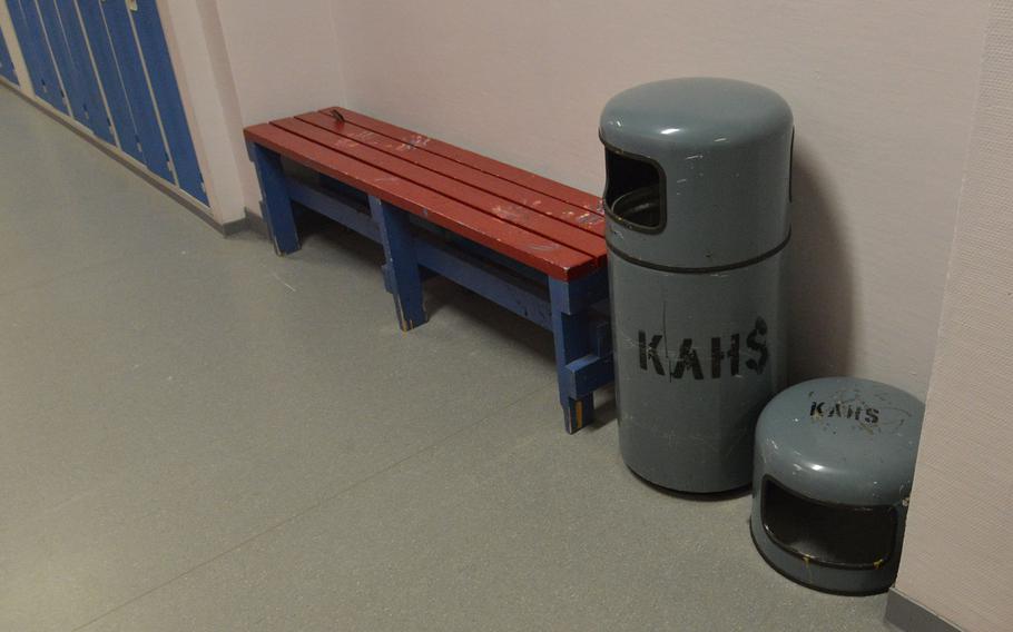 Besides the building, this trash can and what is left of another, might be the oldest thing left at old Kaiserslautern High School. They are stenciled with the school's former name, Kaiserslautern American High School. A new high school is replacing the old one at the start of the new school year.