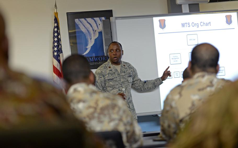 Maj. Patrick Mudimbe translates from English into French for participants in the African Partnership flight at Ramstein Air Base, Germany, Tuesday, Aug. 7, 2018.