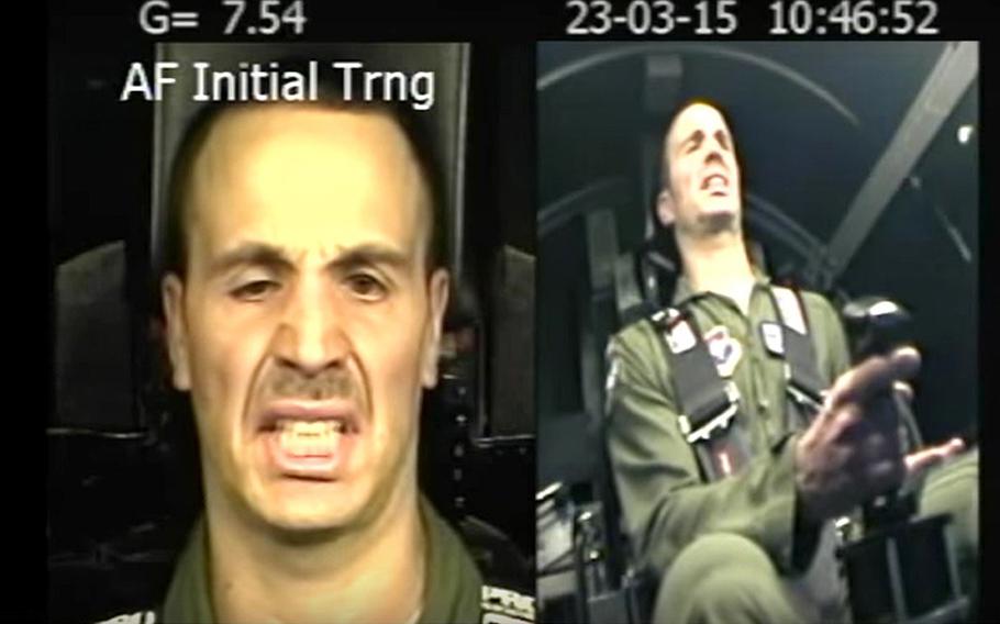 Screen shot from a video of U.S. Air Force centrifuge training at Brooks Air Force Base, Texas, March 23, 2015.