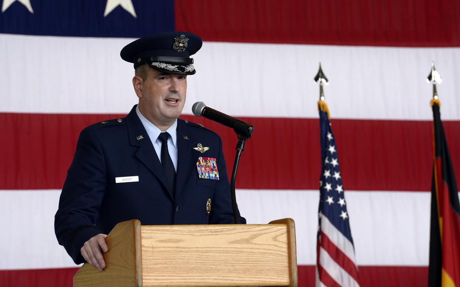Brig. Gen. Mark R. August speaks to airmen after taking command of the 86th Airlift Wing during the wing change-of-command ceremony at Ramstein Air Base, Germany, Thursday, Aug. 9, 2018. August took over command from Brig. Gen. Richard G. Moore Jr.