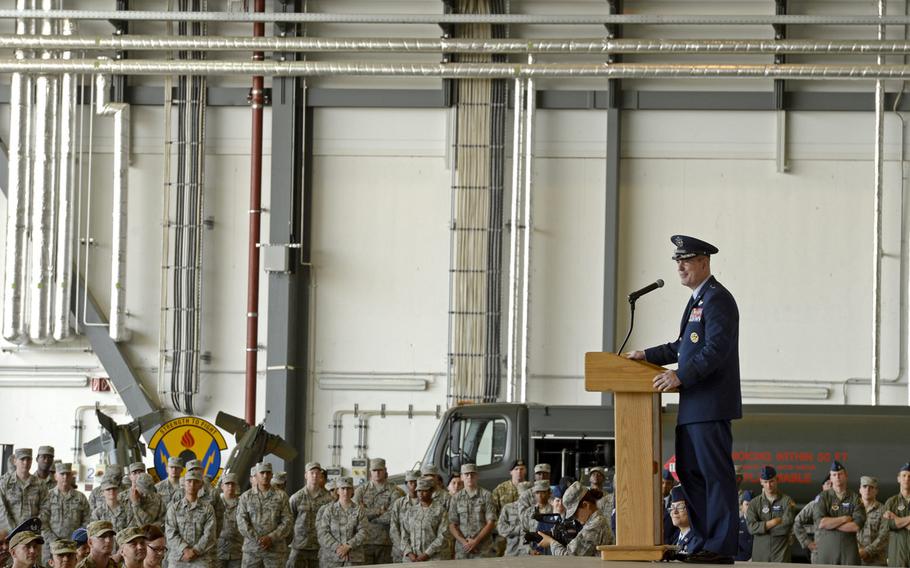 Brig. Gen. Mark R. August speaks to airmen after taking command of the 86th Airlift Wing during the wing change-of -command ceremony at Ramstein Air Base, Germany, Thursday, Aug. 9, 2018. August took over command from Brig. Gen. Richard G. Moore Jr.