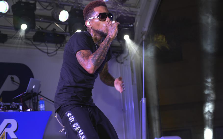 Kid Ink performs at Naval Station Bahrain for his sixth and final show of an Armed Forces Entertainment tour of Southwest Asia.