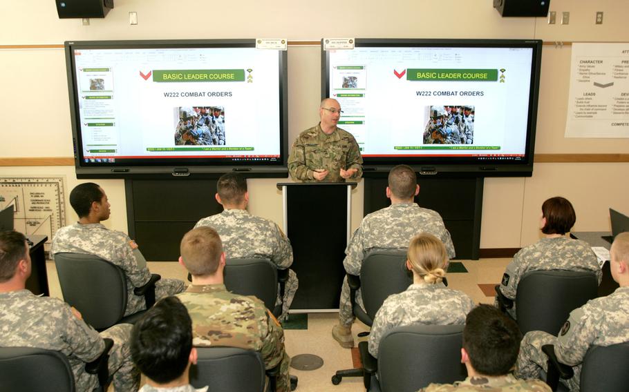 Staff Sgt. Kevin Hopper, instructor for the Basic Leader Course at the Staff Sgt. Todd R. Cornell Noncommissioned Officer Academy, leads a lesson with students on Jan. 19, 2017, at the academy at Fort McCoy.