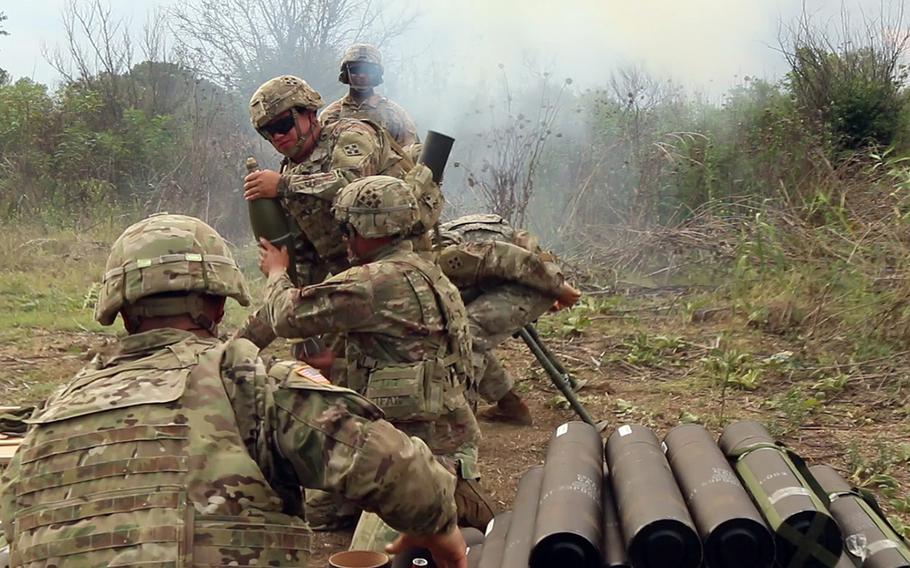 Mortarmen with the 61st Calvary Regiment fire off mortar rounds during training held in Macedonia on Aug. 2, 2018. The training will rotate groups of mortarmen through Aug. 20.