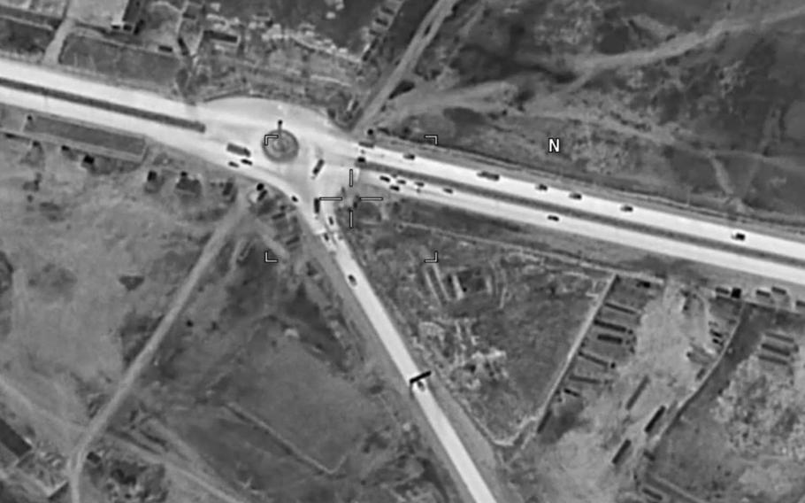 An aerial photograph of Highway1 in Ghazni, Afghanistan, on Sunday, Aug. 12, 2018. U.S. Forces-Afghanistan says the road was open to traffic after Taliban militants stormed the city.